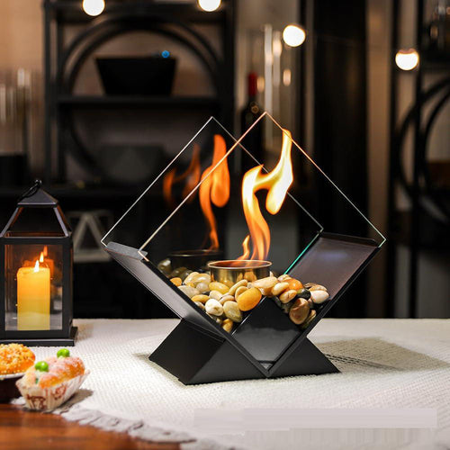 Diamond Tabletop Bioethanol Fireplace | Real Flame Portable Indoor Ethanol Fire | Desktop Glass Fire Heater